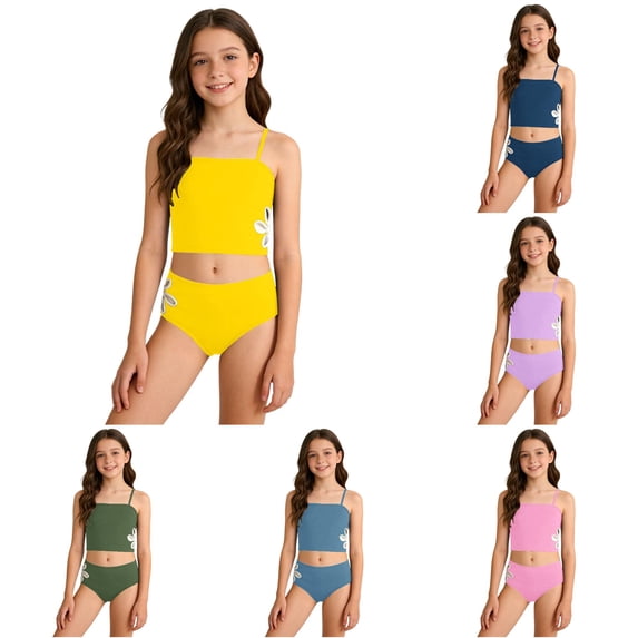 TBWNWG Girls Two-Piece Swim Set for Girls with Side Floral and Strappy Tankini Top Plus Brief Bottoms Summer Beachwear for Kids