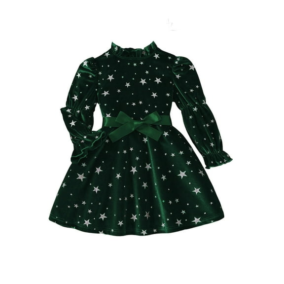 TBWNWG Girls Velvet Star Print Dress with Ruffle Hem and Bow Tie Belt for Everyday and Holiday Celebrations - Elegant Long Sleeve Girl Dress,Sizes 5-6 Years