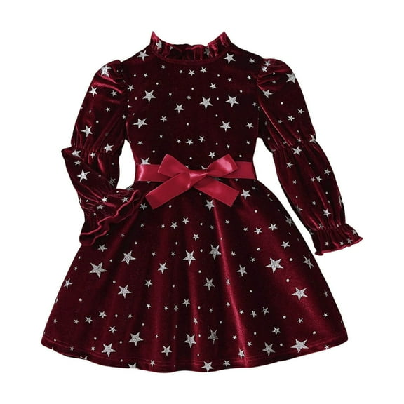 TBWNWG Girls Velvet Star Print Dress with Ruffle Hem and Bow Tie Belt for Everyday and Holiday Celebrations - Elegant Long Sleeve Girl Dress,Sizes 5-6 Years