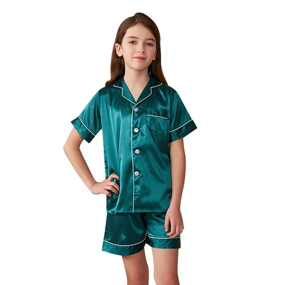 TBWNWG Kids Satin Pajamas Sets Baby Boy Girl Button-Down Silk Sleepwear 2 Piece Short Sleeve Loungewear Clothes Set,Size 9-10 Years