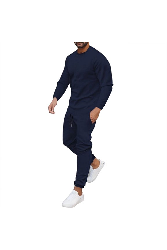 Men's Autumn Solid Two Piece Suit Set with Crew Neck Long Sleeve Shirt and Trousers for Business Casual Wear,Sizes L