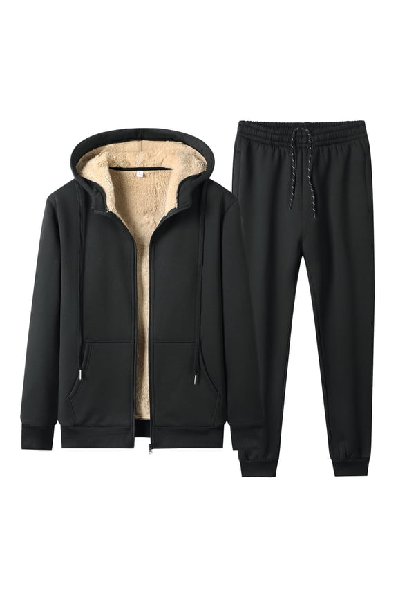 Men's Casual Two Piece Suit Set with Zipper Pocket Hooded Coat and Drawstring Jogger Pants for Comfortable Warm Wear,Size L