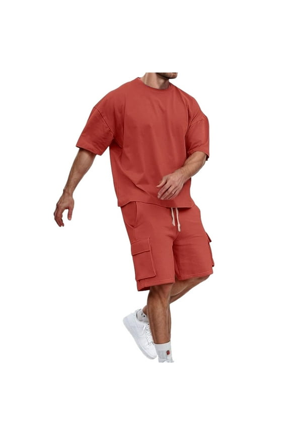 Men's Hipster Patchwork Two Piece Set Fashion Tee Shirt and Shorts Casual Sports Tracksuit Outfit,Size L