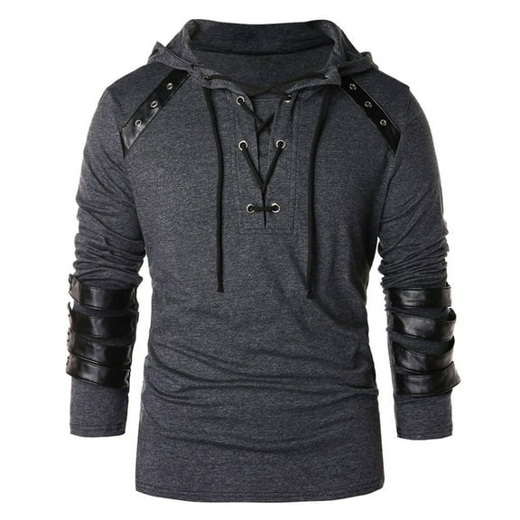 TBWNWG Men's Hoodies & Sweatshirts Leather Patchwork Drawstring Winter Tops Long Sleeve Hooded Blouses for Men,Sizes XL