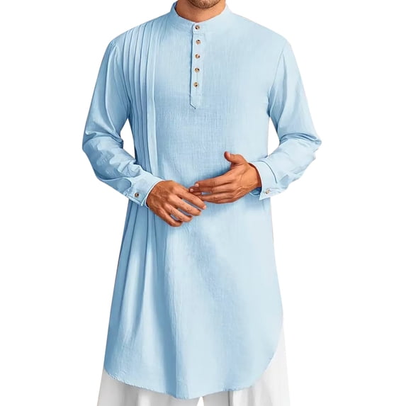TBWNWG Men's Linen Long Sleeve Kaftan Thobe Traditional Robe Elegant Casual Gown Shirt,Size XL