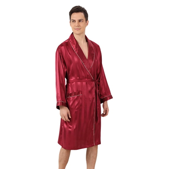 TBWNWG Men's Satin Kimono Robe and Pajama Set Wide Striped Jacquard Loungewear for Home Relaxation Comfortable Bathrobe,Size L