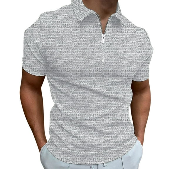 TBWNWG Men's Shirts Male Casual Walf Checks Solid T-Shirt Blouse Turn Down Zipper Short Sleeve Shirts Blouse for Everyday Wear,Size M