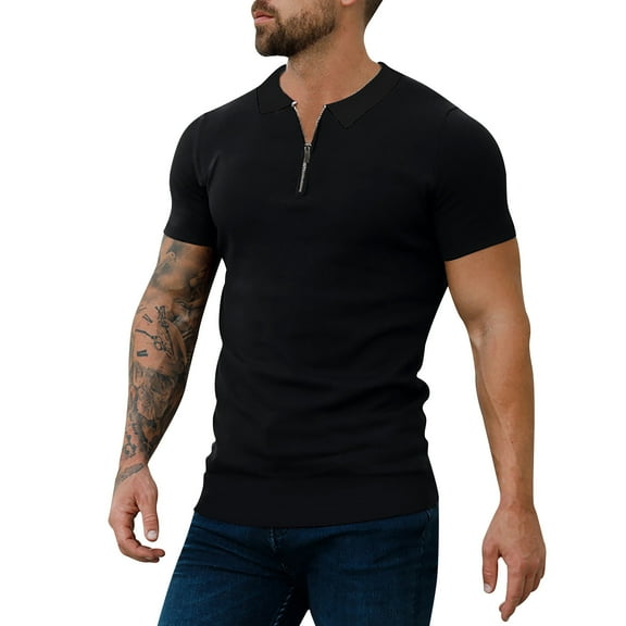 TBWNWG Men's Shirts Muscle Turn Down Slim Fit Short Sleeve Color Block Zipper T-Shirts Soft Tees for,Size 3XL