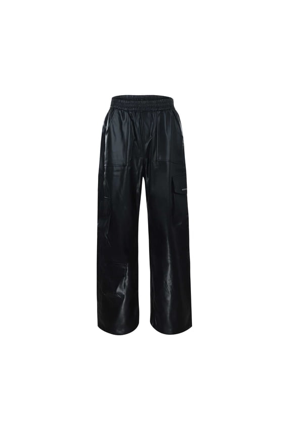 Men's Street Fashion Overalls Long Pants Loose Hop Handsome Personality Straight Leather Pants,Size M
