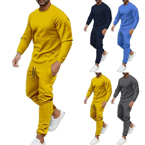 TBWNWG Men's Suits Stylish Autumn 2 Piece Solid O Neck Long Sleeve Shirts with Long Pants Sets for Modern Men,Sizes XL