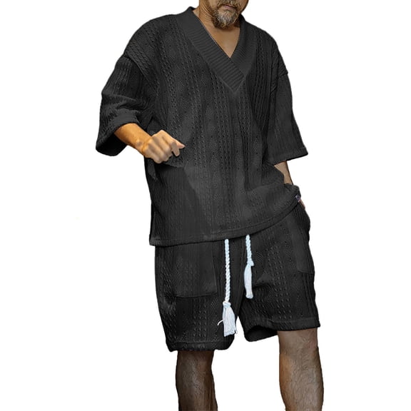 TBWNWG Men's Summer Knitted Suit Set Two Piece Breathable Rolled Sleeve Shirt and Pants Outfit,Size XL