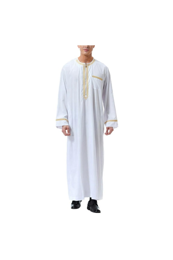 Men's Thobe Embroidered Long Sleeve Robe Coat Traditional Arab Middle Prayer Garment,Sizes M