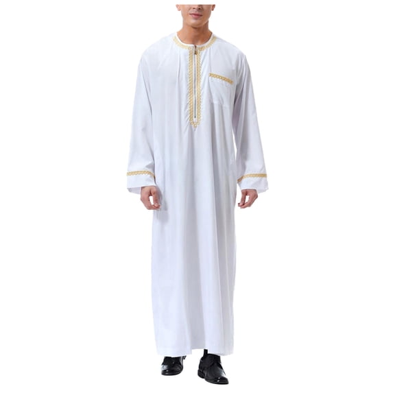 TBWNWG Men's Thobe Embroidered Long Sleeve Robe Coat Traditional Arab Middle Prayer Garment,Sizes M