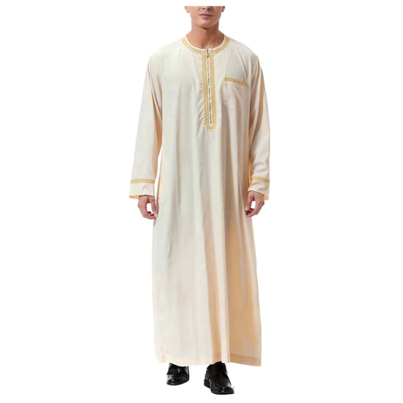 TBWNWG Men's Thobe Embroidered Long Sleeve Robe Coat Traditional Arab Middle Prayer Garment,Sizes XL