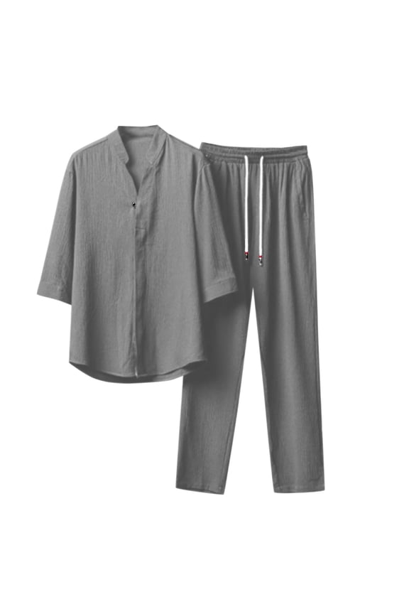 Modern Men's Two Piece Suit Set Featuring Half Sleeve Button Down Shirt and Tailored Trousers for Business Casual Wear,Size 4XL