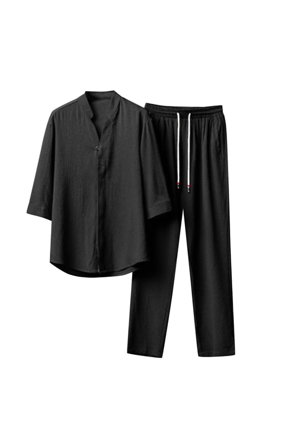 Modern Men's Two Piece Suit Set Featuring Half Sleeve Button Down Shirt and Tailored Trousers for Business Casual Wear,Sizes L