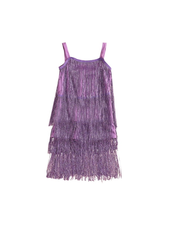 Girls Flapper Dance Dress with Elegant Fringe Tassels for Latin Tango Performance and Party,Size 9-10 Years