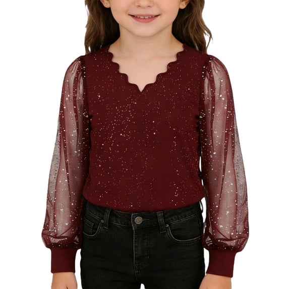 TBWNWG Sparkly Collar Long Sleeve Casual Party Top For Girls Loose Fit Tee Shirt Tweens Festive Celebration Blouse,Size 7-8 Years