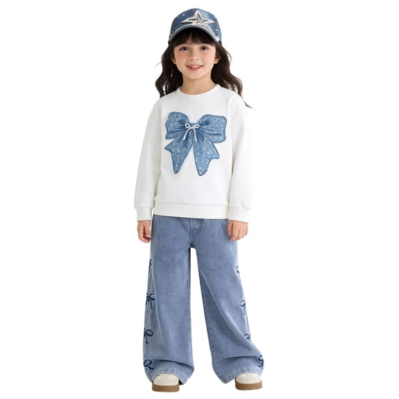 TBWNWG Stylish Autumn Girls Two Piece Outfit Fashionable Bow Long Sleeve Top With Denim Pants Coordinated Casual Wear For Toddler Kids,Size 5-6 Years
