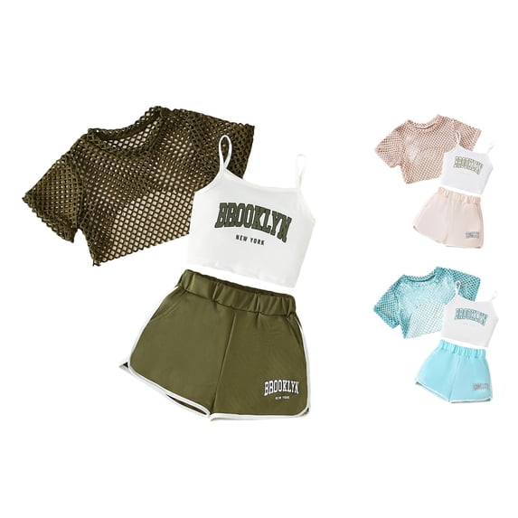 TBWNWG Stylish Girls Outfits 3 Piece Set Featuring Plain Mesh Tank Top with Letter Print Shorts for Everyday Casual Summer Wear 8-14T Girls