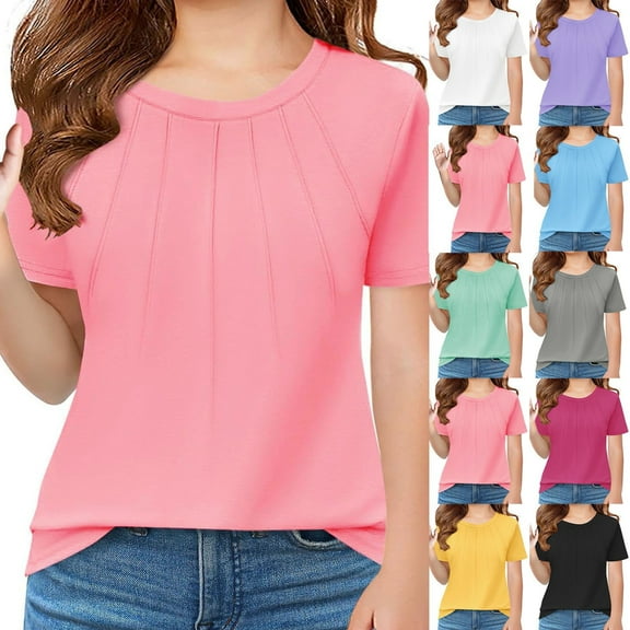 TBWNWG Stylish Girls Tops Pleated T Shirts Kids Summer Short Sleeve Fashion Tees for Ages 5 to 14 Years,Size 5-6 Years