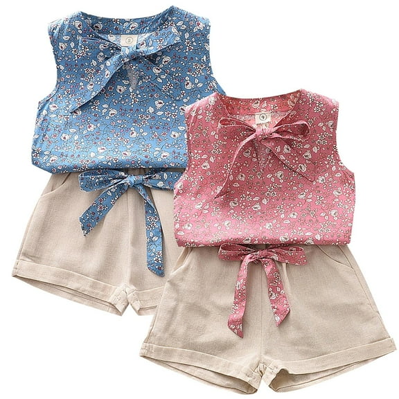 TBWNWG Summer Girls Outfits Toddler Girl Sleeveless Bow Tie Floral Top And Solid Color Pocketed Shorts With Belt Fashion Set,Sizes 4 Years