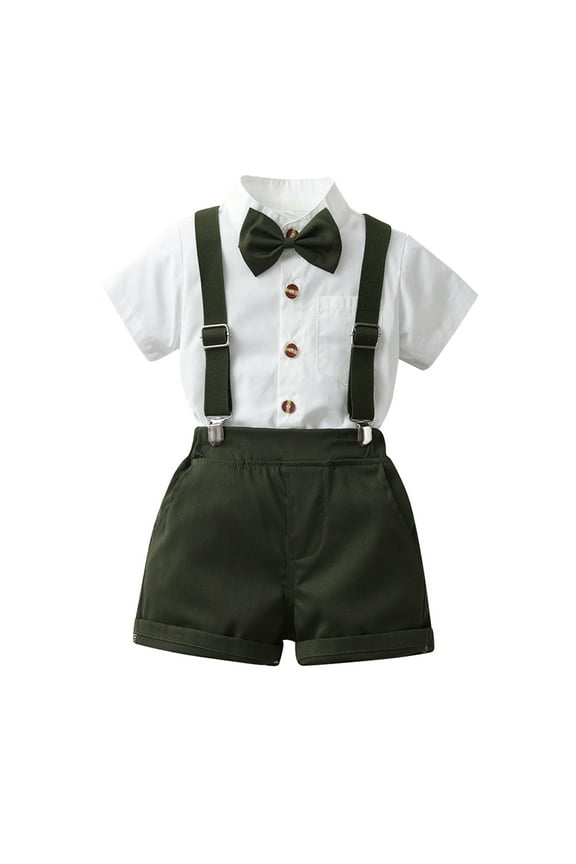 Toddler Boy Dress Clothes 2 Piece formal Dress Shirt with Bowtie Overall Short Pants Boys Gentleman Wedding Outfits Set,Size 5-6 Years