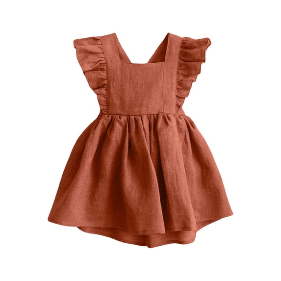 TBWNWG Toddler Girl Summer Dress Linen Ruffle Backless Cute Fly Sleeve Solid Print Casual Outfit,Sizes 18-24 Months