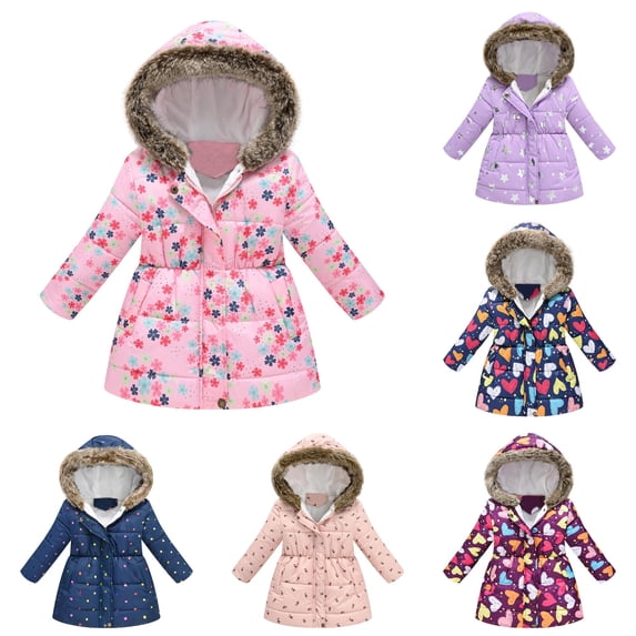 TBWNWG Toddler Girls Boys Winter Cartoon Prints Coat Hooded Jacket Thicken Windproof Zipper Warm Outwear