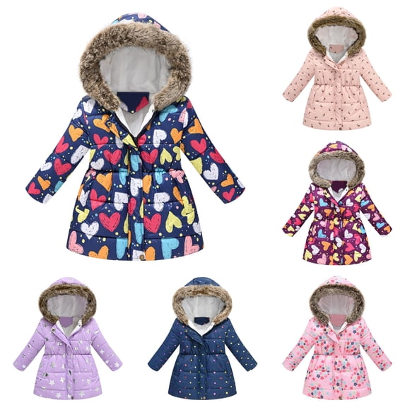 TBWNWG Toddler Girls Boys Winter Cartoon Prints Coat Hooded Jacket Thicken Windproof Zipper Warm Outwear