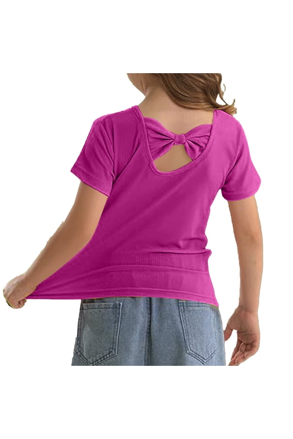 Toddler Girls T-Shirts & Tank Tops,Girls Summer Tops Short Sleeve Tee with Back Bow Design Casual Round Neck Shirt,Size 4-5 Years