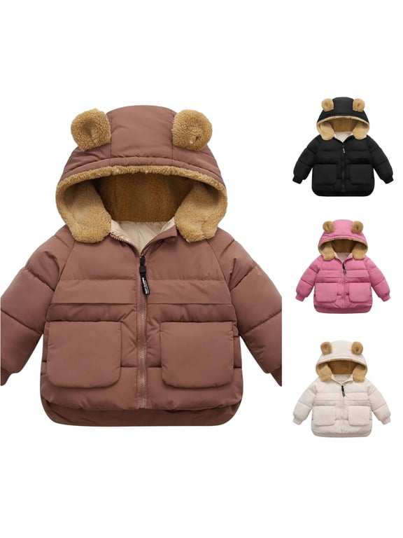Toddler Kids Baby Boys Girls Winter Warm Solid Coats Bear Ears Hooded Padded Outwear