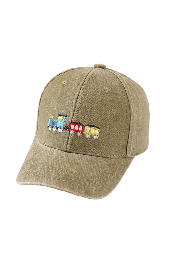Washed Baseball Cap for Kids with Adorable Train Embroidery Adjustable Sun Hat for Outdoor Adventures,Size 2-8 Years