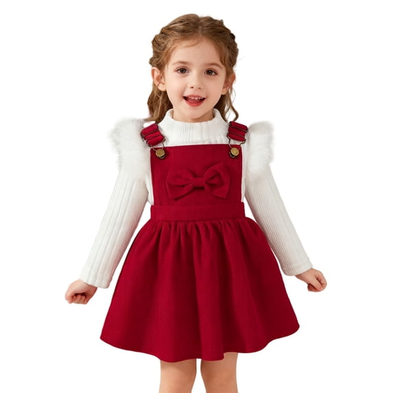 TBWNWG Winter Girls Outfit Set Long Sleeve Ribbed Strap Top with Bow Tie Dress for Holiday Parties and Casual Everyday Wear in Autumn Winter Seasons for Toddlers and Girls,Size 12-18 Months