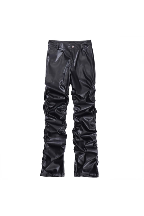 Winter Man High Street Fashion Trend Pleated Design Straight Leather Trousers,Size M