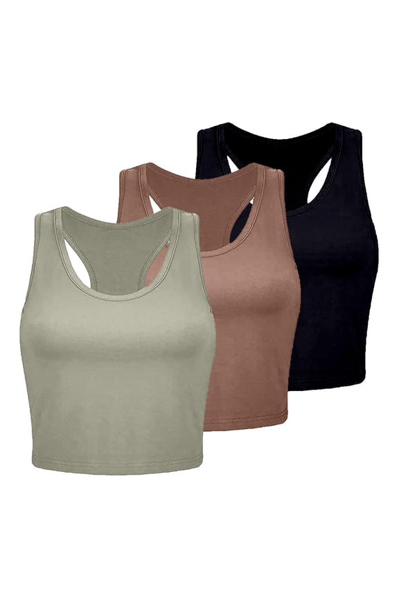 Women's Seamless Ribbed Yoga Tank Top Set for Workout Exercise and Fitness Activities 3PCS,Size L