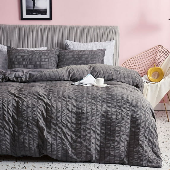 TBWYF Duvet Cover Set 3 Piece Bedding, Soft Seersucker Microfiber Comforter Cover with 2 Pillow Shams Dark Grey King(104"*90")