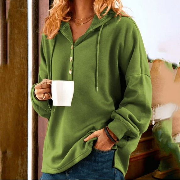 TBWYF Women's Hooded Sweatshirt Long Sleeve Pullover Hoodies for Women V-neck Buttons green