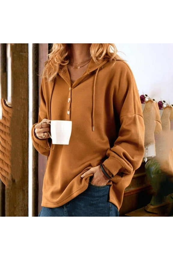 Women's Hooded Sweatshirt Long Sleeve Pullover Hoodies for Women V-neck Buttons yellow