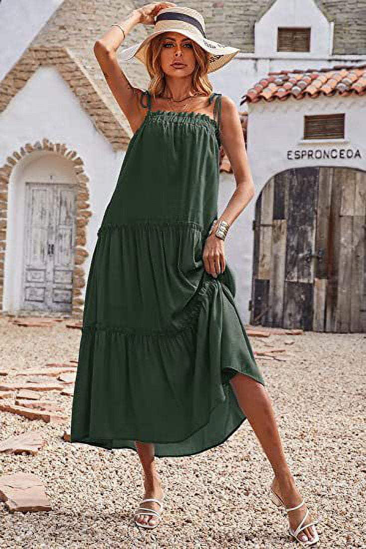 TBWYF Womens Tie Shoulder Tiered Dress Slip Midi Dress Green L TBWYF Womens Tie Shoulder Tiered Dress Slip Midi Dress Green L