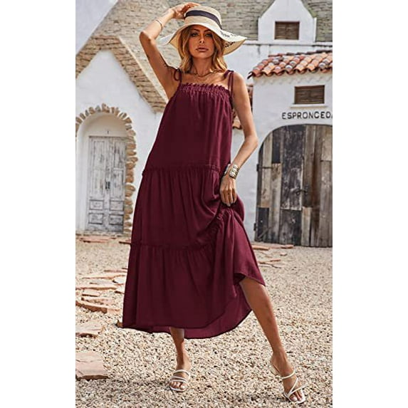 TBWYF Women’s Tie Shoulder Tiered Dress Slip Midi Dress Red 2XL