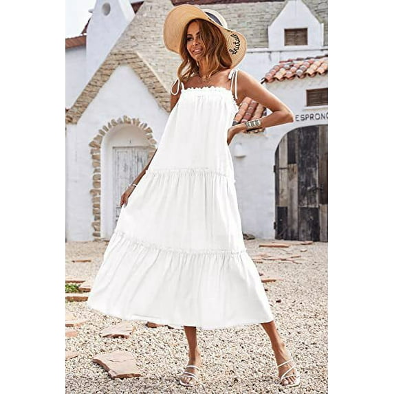 TBWYF Women’s Tie Shoulder Tiered Dress Slip Midi Dress White XL