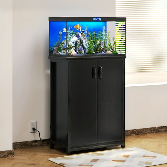 TC-HOMENY 10-20 Gal Aquarium Stand with Power Outlets, Cabinet for Fish Tank Accessories Storage with Adjustable Divider Design, Black