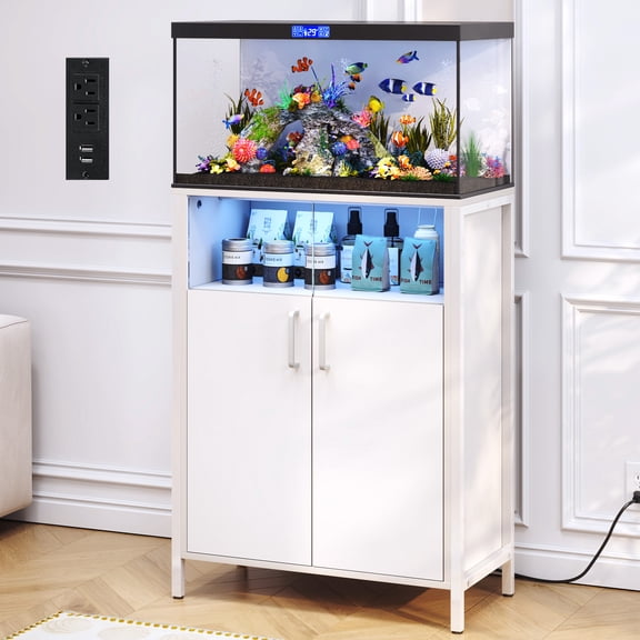 TC-HOMENY 10-20 Gal Fish Tank Stand w/ Transparent Acrylic Door & Atmospheric RGB Light, Modern Aquarium Table with Storage Cabinet w/ Adjustable Panel & Power Outlet, APP & Remote Control, White