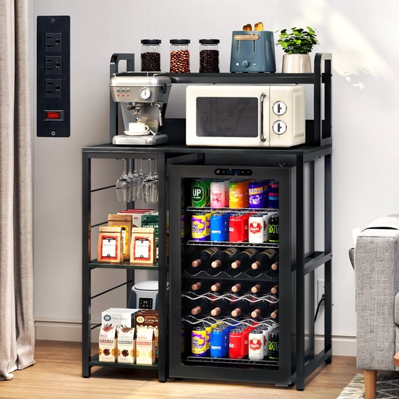 TC-HOMENY 4-Tier Coffee Bar Mini-Fridge Microwave Oven Stand with Power Outlet & Storage Space, Freestanding Kitchen Storage Baker's Rack, Multipurpose Wine Rack Pantry Table w/ Goblets Holder, Black
