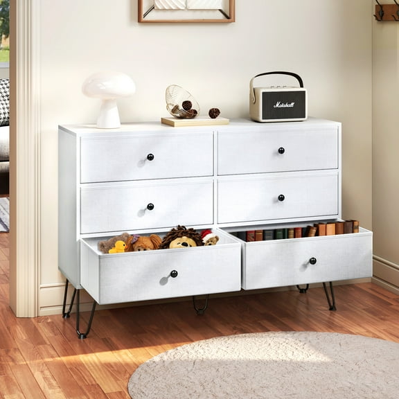 TC-HOMENY 6-Drawer Wooden Dresser with Fabric Drawers, Chest of Drawers with Fabric Bins, Storage Organizer Perfect for Clothes and Accessories, White
