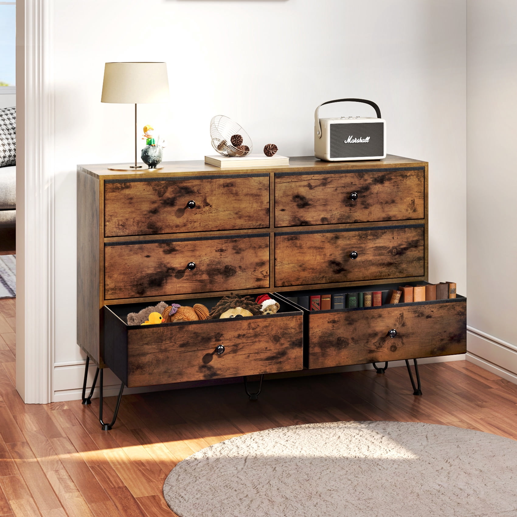 TC-HOMENY 6-Drawer Wooden Dresser, Fabric Drawers and Bins, Clothes ...