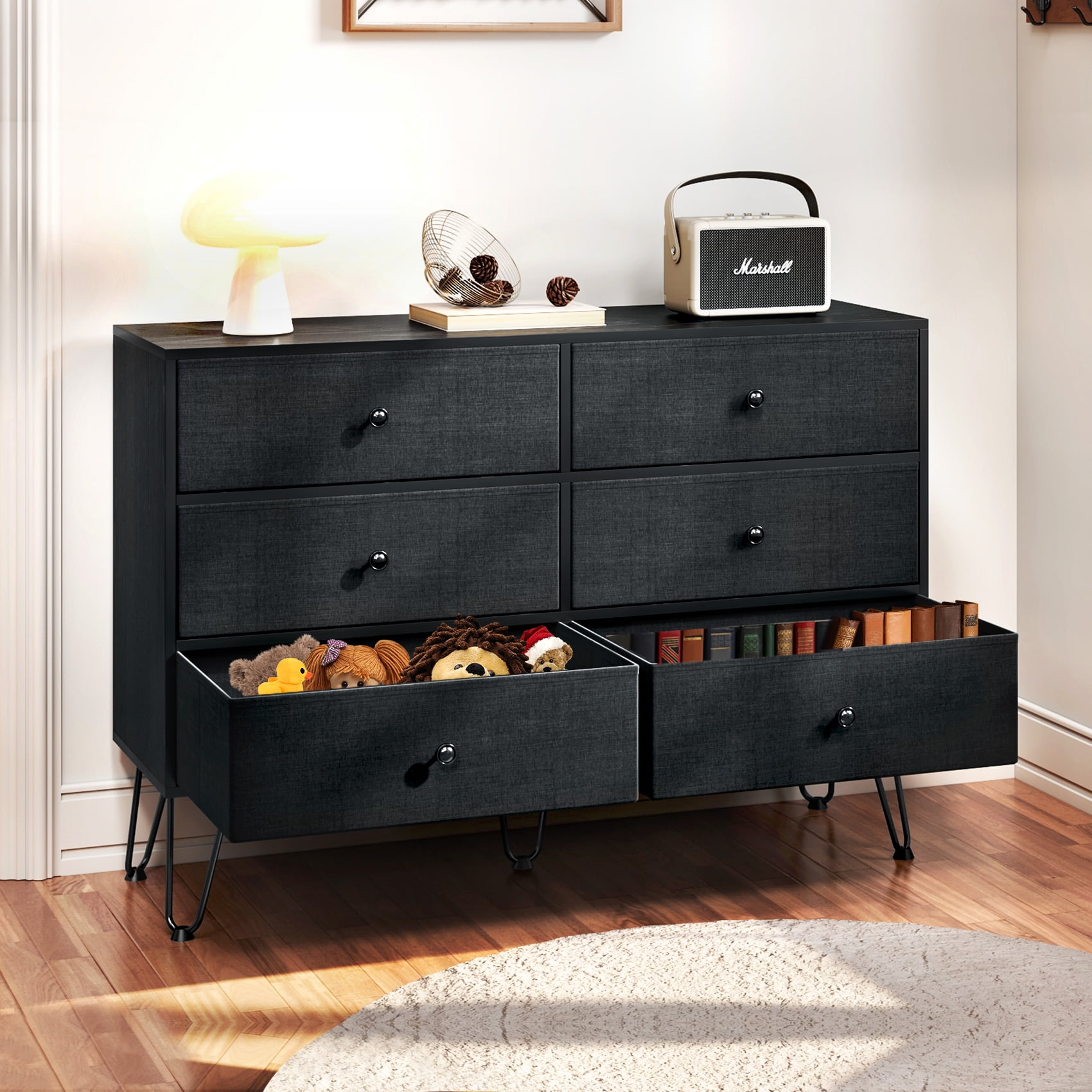 TC-HOMENY 6-Drawer Wood Bedroom Dresser with Fabric Drawers, Black ...