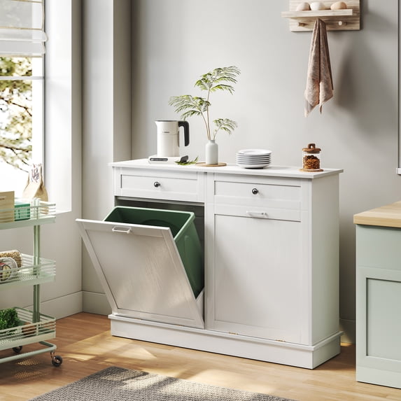 TC-HOMENY Dual Tilt Out Trash Cabinet, Trash Can with Countertop and Drawer, Free Standing Trash Can Cabinets with Lid Support Hinge, Recycling Cabinet Free Standing For Kitchen, Laundry Room, White