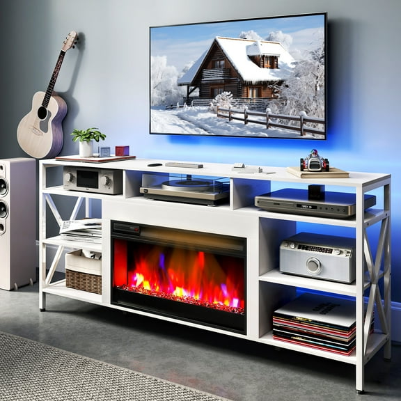 TC-HOMENY Electric Fireplace LED TV Stand, Space Heater for Indoor Entertainment, Center Storage Cabinet for TV Up to 70", with LED Strip Lights, Fit Meeting Room, with Remote Control, White